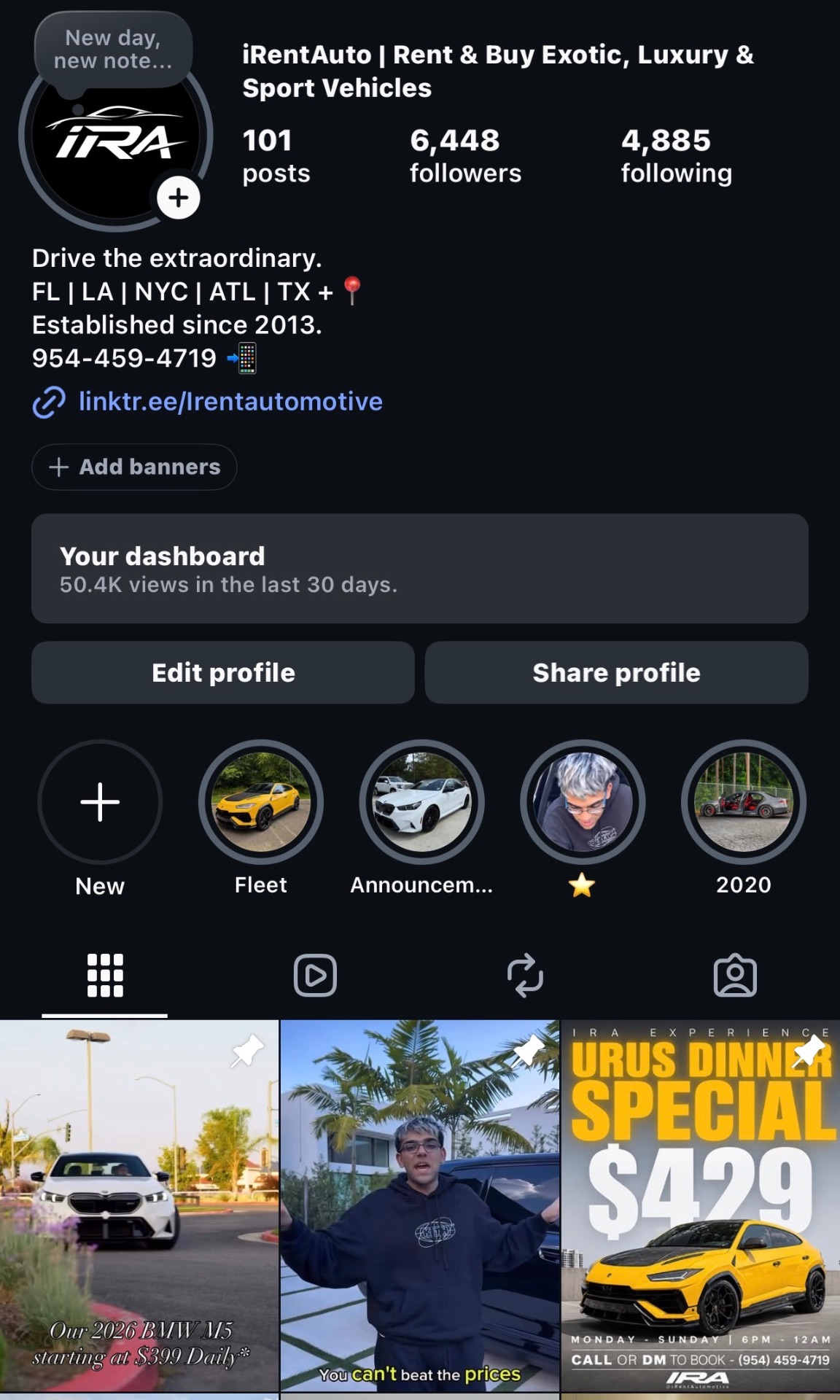 iRent Automotive Instagram profile showing over 6,400 followers grown through Paramount Digital's marketing strategy