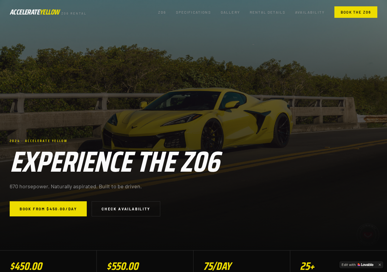 Homepage of the Accelerate Yellow Z06 rental website designed by Paramount Digital